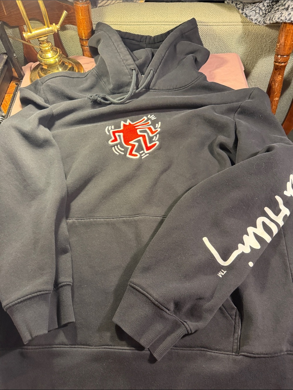 H&M Black Crewneck Hoodie with Red Graphic and White Sleeve Script
